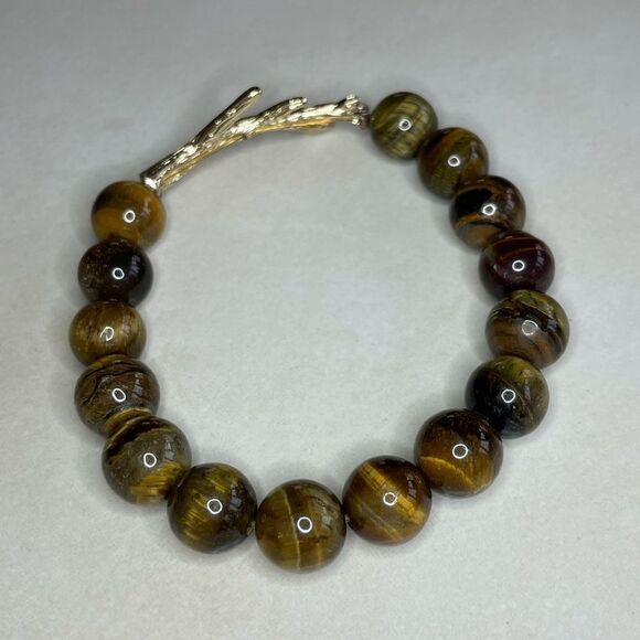 Tigers Eye Beaded Gold Tone Branch Stretch Bracelet 7in - Picture 5 of 7
